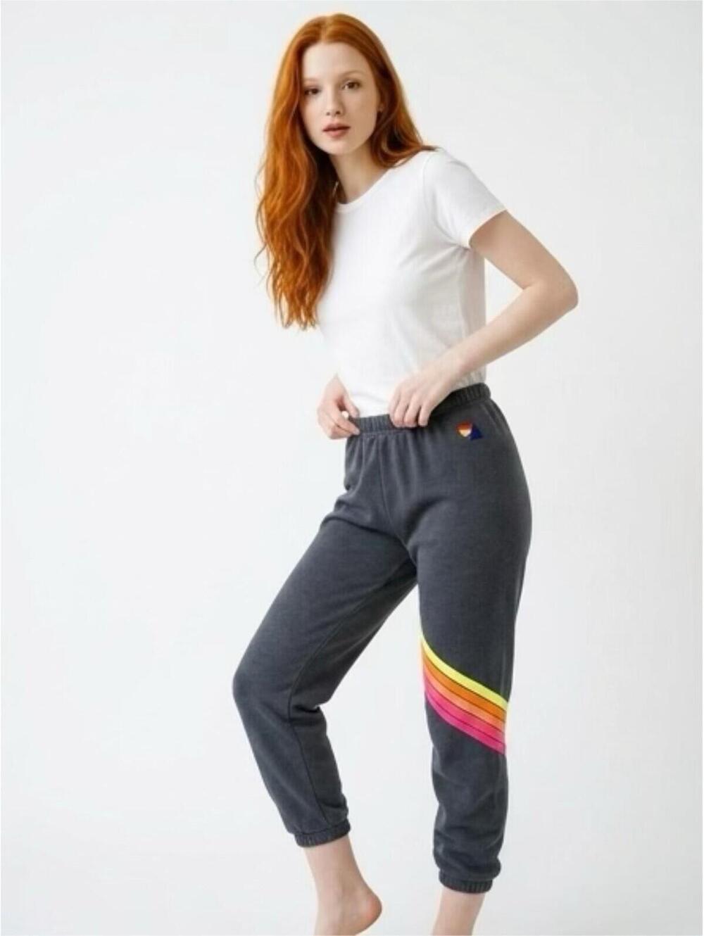 Aviator Nation Women’s Neon Chevron 5-stripe Jogger Sweatpants Sz S Navy Heather